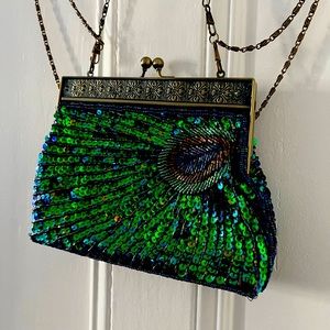 Sequin peacock feather purse handbag